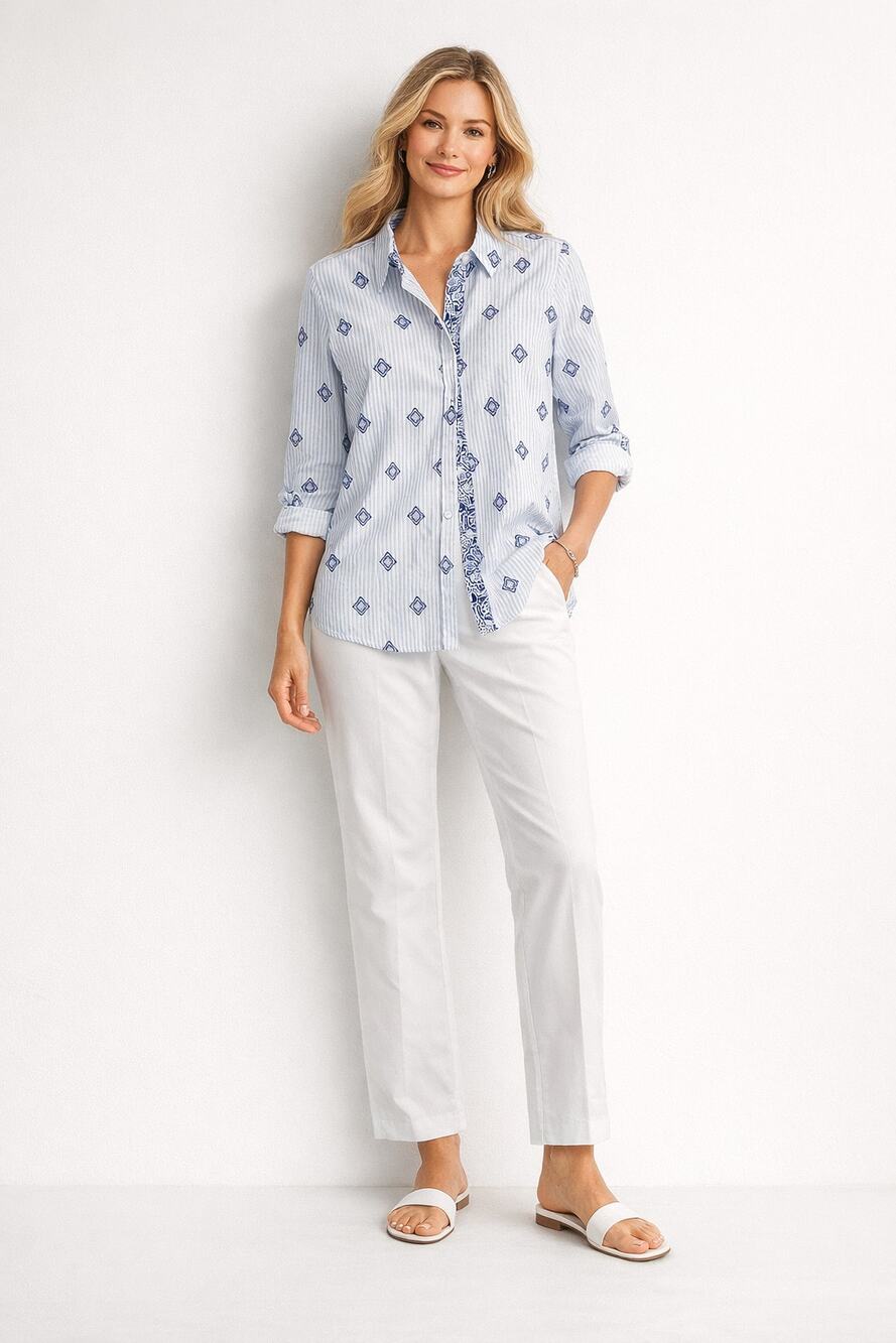 Chicos Blue White Stripe Print Button Shirt Size 1 810 Kim Rogers White Pants 12